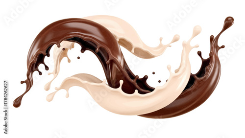 Vector illustration of swirls of dark and white chocolate splashing together in a fluid motion on a white background