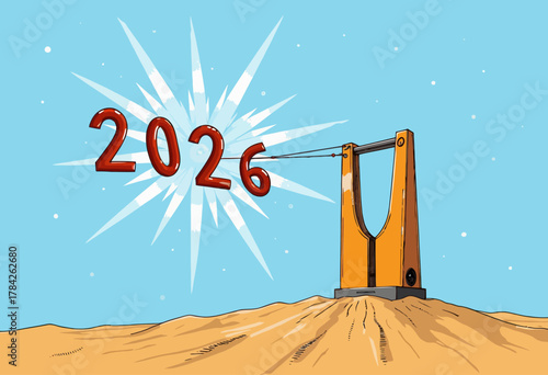 Illustration of a Catapult Launching the Year 2026 in a Desert with Radiant Starburst and Clear Blue Sky