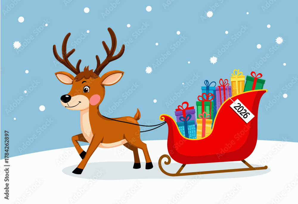 Fototapeta premium Illustrated Reindeer Joyfully Pulling a Festive Sleigh Laden with Wrapped Gifts Against a Snow-Flaked Winter Sky in a Cheerful Holiday Scene