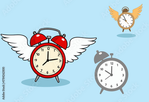 Three Illustrative Clocks with Wings Representing the Concept of Time Management and Fleeting Moments in a Minimalist Style