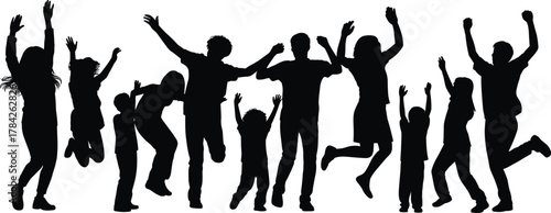 Silhouettes of adults and children jumping with raised arms for celebration, unity, joy, family, and festive illustration design use