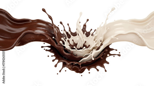 Vector illustration of chocolate and cream liquid splash colliding in dynamic motion on a white background
