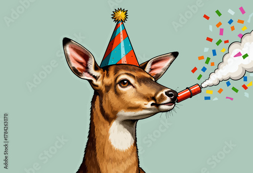 Illustration of a Deer Wearing a Festive Party Hat Blowing a Colorful Party Horn with Confetti against a Plain Green Background Celebrating a Fun Occasion
