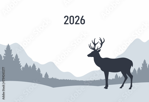 Silhouette of Majestic Deer in Serene Mountainous Forest Scene with Distant Peaks and Lush Pine Trees Under a Clear Sky