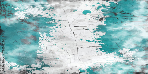 Abstract sky blue and gray grunge texture with heavy layer of distressed, scratched and splattered paint. Rough patches, scuffs, scratches, smudges, and grungy overlays to evoke an industrial.