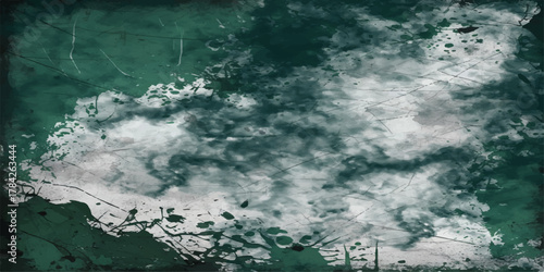 Abstract green and gray grunge texture with heavy layer of distressed, scratched and splattered paint. Rough patches, scuffs, scratches, smudges, and grungy overlays to evoke an industrial.