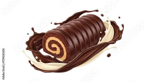 Vector illustration of chocolate swiss roll cake with cream filling and chocolate splash on a white background