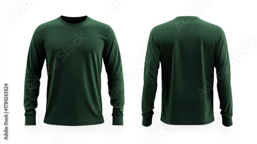 Front and back view, 3D long-sleeve jersey in dark green with subtle gold brush stroke highlights,  isolated on a white background