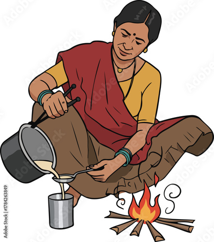 An old Indian woman making a cup of tea vector cartoon illustration