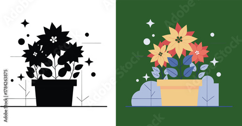 Festive poinsettia plant blossoms in a pot for a modern holiday greeting, perfect for Christmas cards and seasonal projects, a simple and elegant design