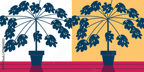 Unique potted schefflera plant illustration in a modern flat style for home decor projects and design assets, adding a vibrant touch to your creative projects