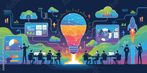 Business team collaborating around a giant lightbulb with data charts and rocket