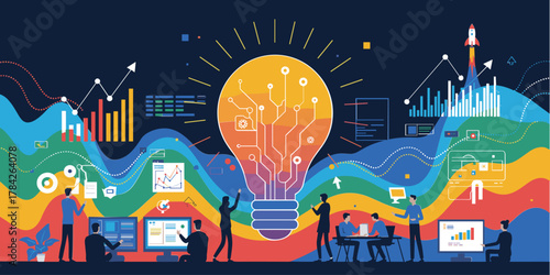 Business team collaborating around a giant lightbulb with data charts and rocket launch