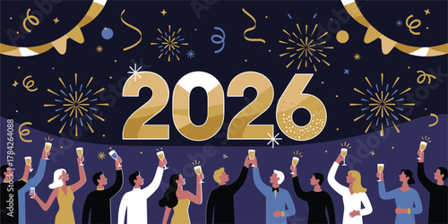 Diverse group of people celebrating the year 2026 with champagne and fireworks new year