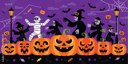 Halloween characters and jack o lanterns parade on purple background pumpkin mummy