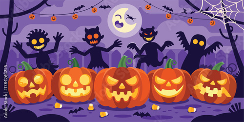 Five carved pumpkins with spooky characters and bats on purple background Halloween