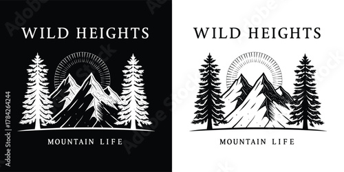 Wild heights mountain life graphic with pine trees and sun rays, presented in both black and white versions for versatile design applications
