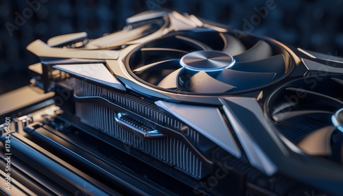 Realistic close-up photo of a high-end graphics card (GPU) installed in a VGA dock