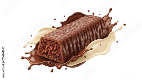 Vector illustration of chocolate bar with crispy texture splashing into milk and chocolate on a white background