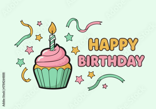 A festive cupcake with a lit candle and colorful decorations celebrating a birthday.