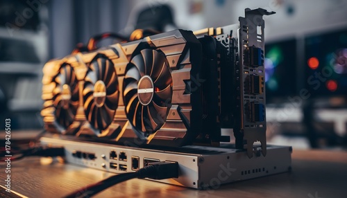 Realistic close-up photo of a high-end graphics card (GPU) installed in a VGA dock