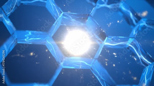 Atom Passes Through Hexagonal Grid With Energy Flow Animation
