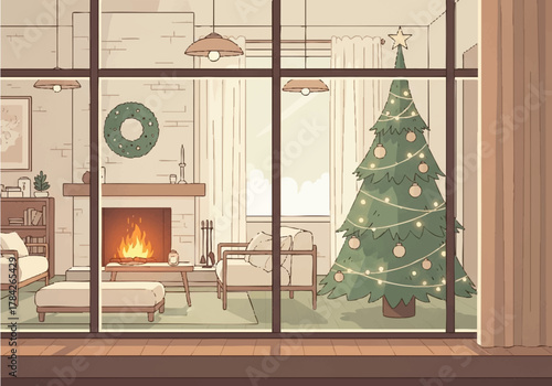 Interior scene of a cozy living room decorated for Christmas, viewed through a large window.