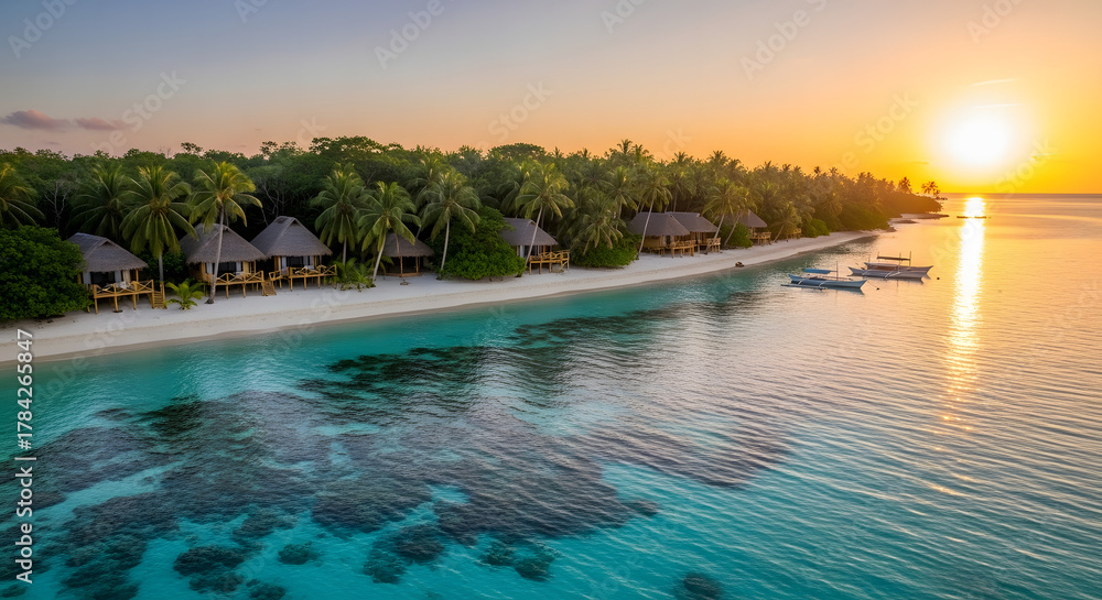 Obraz premium Beautiful eco-friendly beach landscape at sunset with untouched nature, clear water, and golden sky showing harmony between tourism and the environment