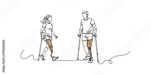 Minimalist line art illustration of two active individuals with prosthetic legs using crutches, dressed in casual sportswear. Ideal for adaptive sports campaigns, disability awareness visuals.