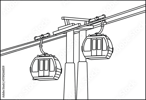 Gondola Lift System – Black and White Line Drawing of Aerial Cable Transport with Tower and Cabins