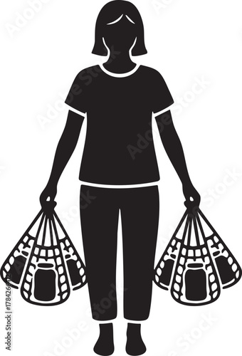 Sustainable Living: Woman Carrying Two Reusable Mesh Bags Filled with Groceries