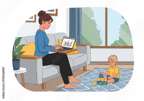A woman working on a laptop while her child plays with blocks in a living room setting.
