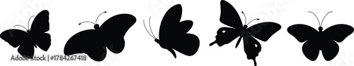 Silhouettes of five butterflies with distinct wing shapes and antennae for nature, entomology, design, and illustration use