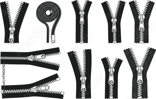 Zipper Design Collection – 10 Black and White Styles Including Coiled and Open Variants