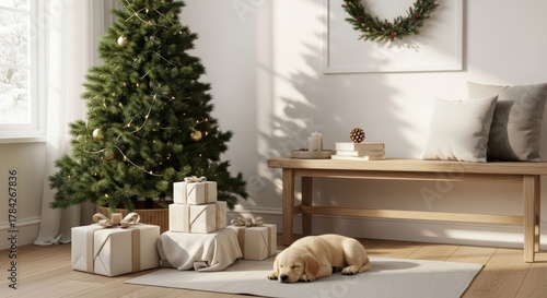 Cozy holiday scene shows golden retriever puppy sleeping near christmas tree gifts wreath and wooden bench in bright minimalist living room