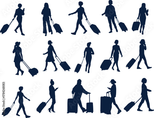 silhouettes of travels people walking