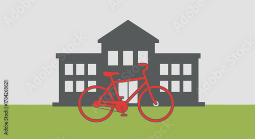A bright red bicycle parked in front of a grey school building illustration.