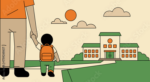 A parent holding a child's hand, walking towards a school building on a sunny day.