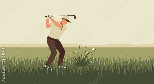Golfer swinging club on course, grass, and background landscape.