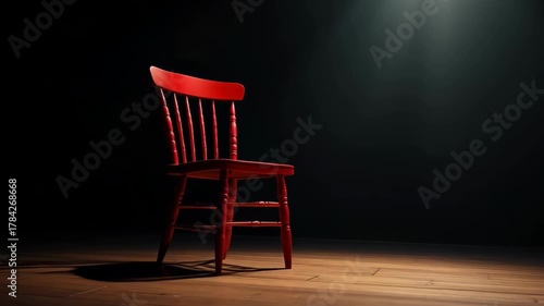 A Single Red Wooden Chair Bathed in Dramatic Spotlight on a Dark Stage with Textured Floor
