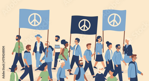 A diverse group of people marching together, holding flags with peace symbols, advocating for peace and unity.