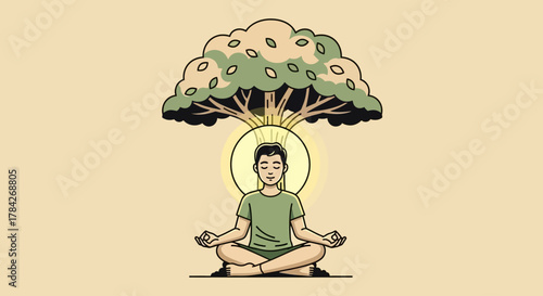 A person meditating under a tree, with a glowing aura, symbolizing peace and enlightenment.