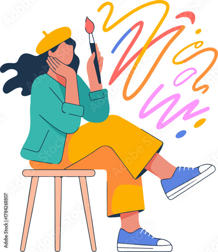 Thoughtful Artist in Beret Painting Vibrant Abstract Strokes on Stool, Creativity, Inspiration, Artistic Expression, Colorful Imagination, Relaxed Contemplation
