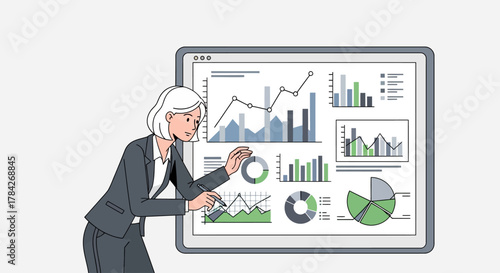 A businesswoman analyzing data visualizations on a large digital screen, showcasing financial reports and market trends.
