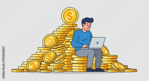 A successful man working on a laptop while sitting on a large pile of gold dollar coins, representing online income and wealth.