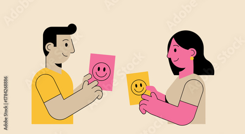 Illustration of two people holding cards with smiley faces, conveying happiness and positivity.