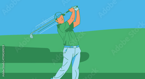 Illustration of a golfer in mid-swing on a green golf course.