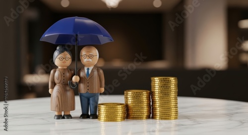 Elderly couple figurine protected by blue umbrella next to stacks of gold coins symbolizing retirement savings and financial security concept