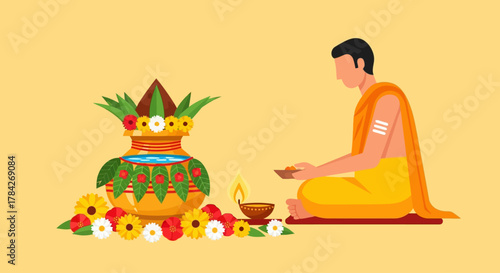 A man in traditional attire performing a Hindu religious ritual with a decorated Kalash, lit diya, and flowers.