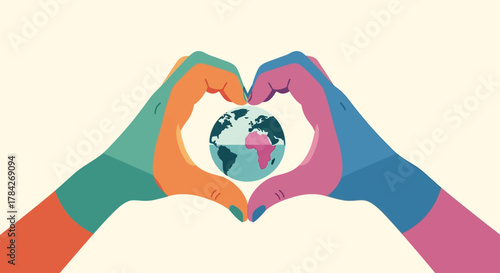 Hands forming a heart shape around the Earth, symbolizing love and care for the planet.